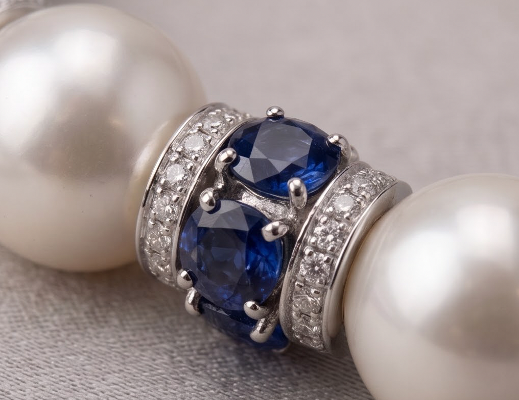 South Sea Pearl, Sapphire & Diamond Bracelet in 18K White Gold