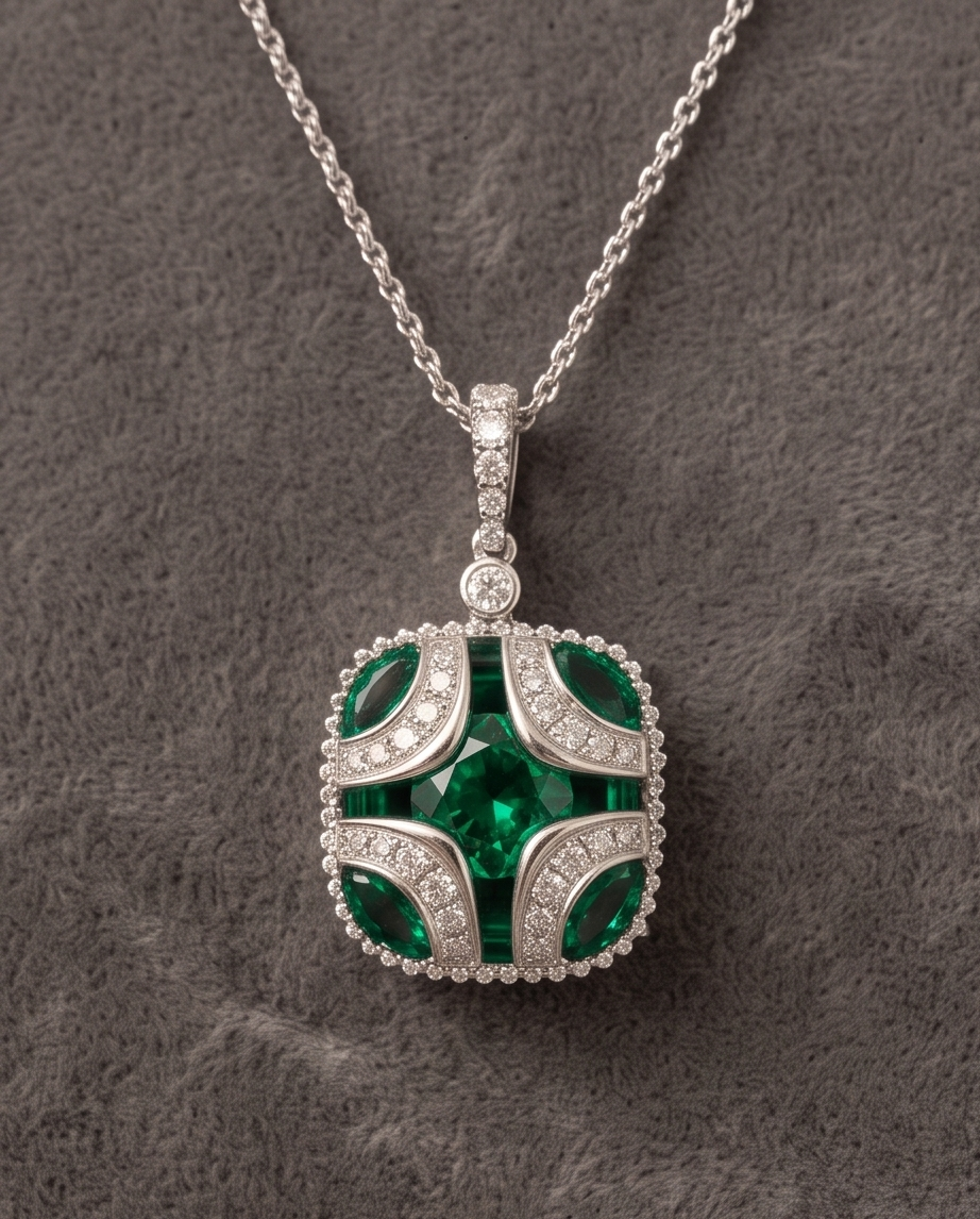 18kt White Gold Emerald & Diamond Art Deco Pendant Necklace
