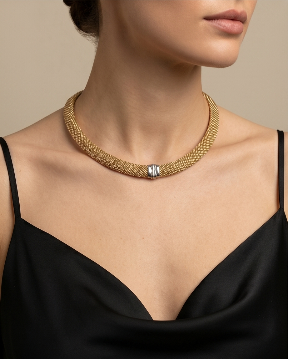 Yellow Gold Mesh Necklace with White Gold Clasp