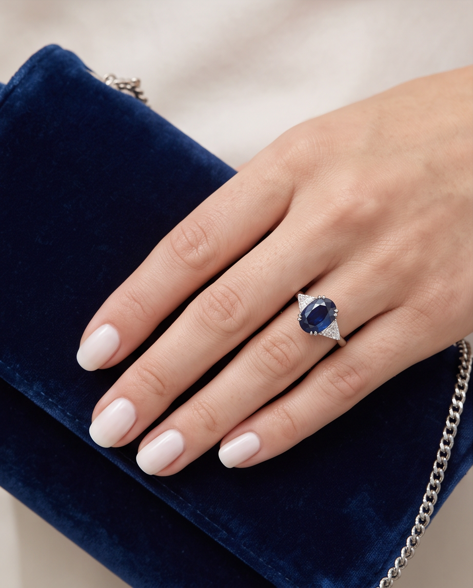4.87 Carat Oval Sapphire & Trillion Diamond Three-Stone Ring in 18K