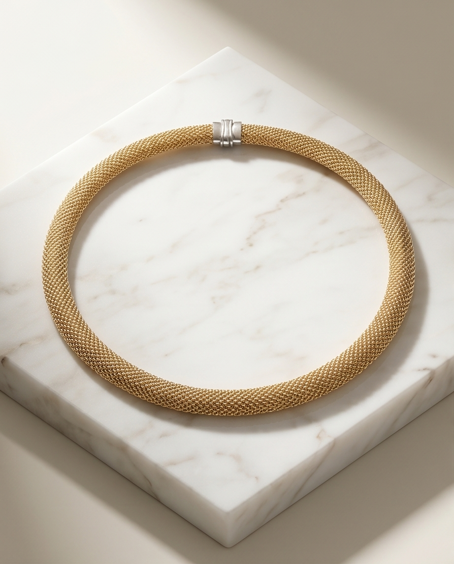 Yellow Gold Mesh Necklace with White Gold Clasp