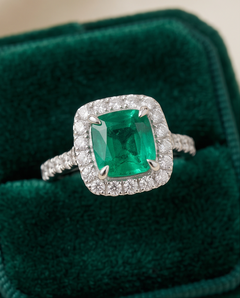 18K White Gold Emerald & Diamond Halo Ring