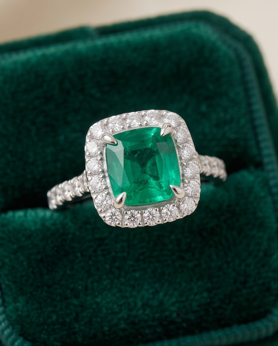 18K White Gold Emerald & Diamond Halo Ring