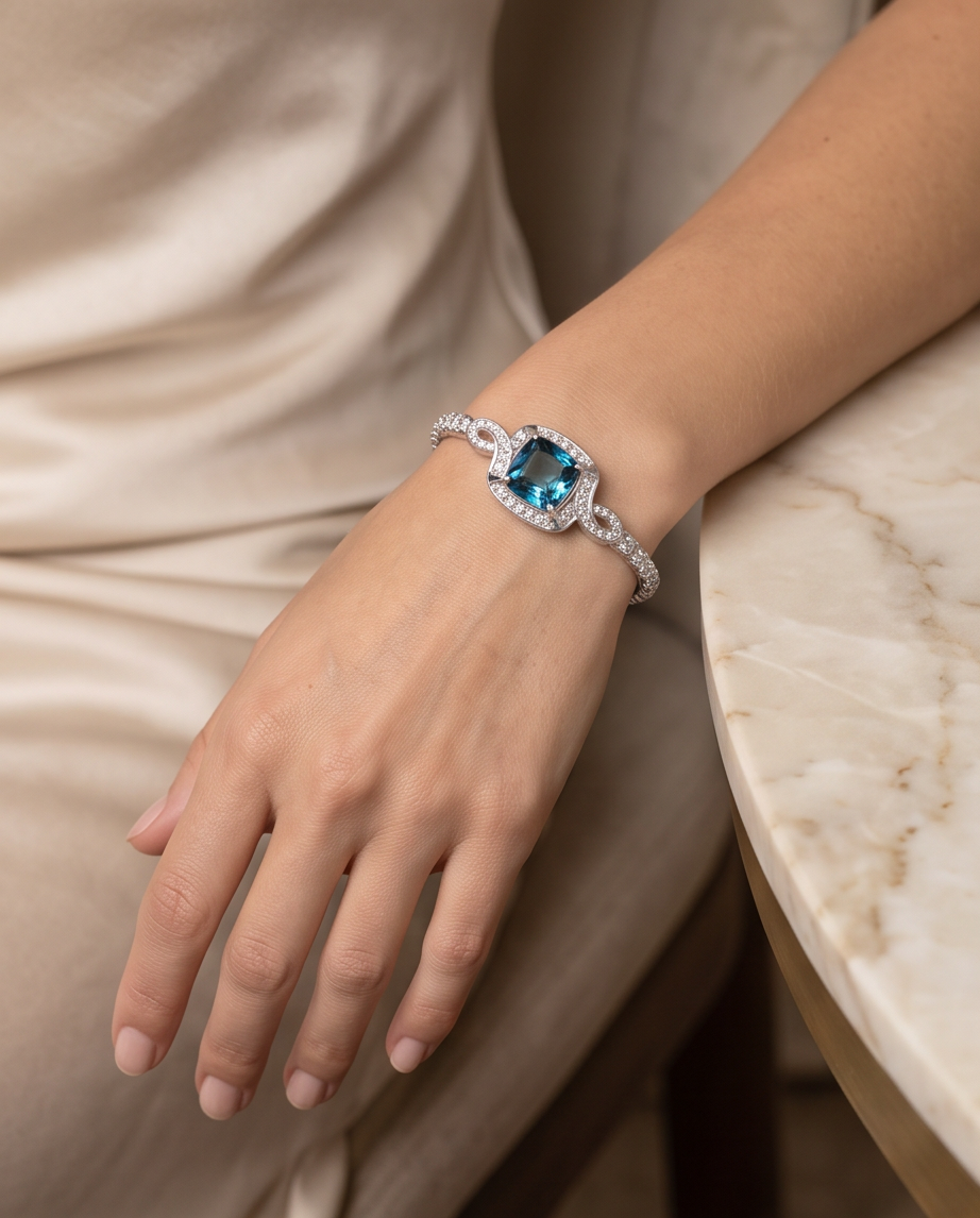 5.30 Carat Cushion-Cut Blue Topaz Bracelet in Antique Watch Casing, 14K White Gold