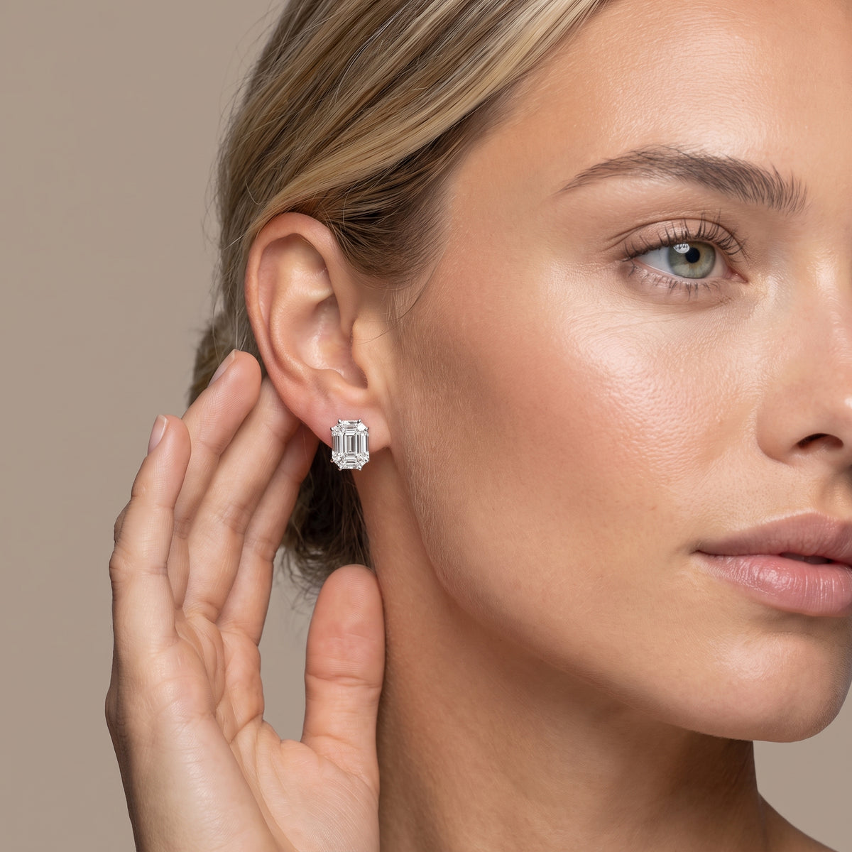 Emerald Illusion Diamond Stud Earrings — 1.09 ctw, 18K White Gold