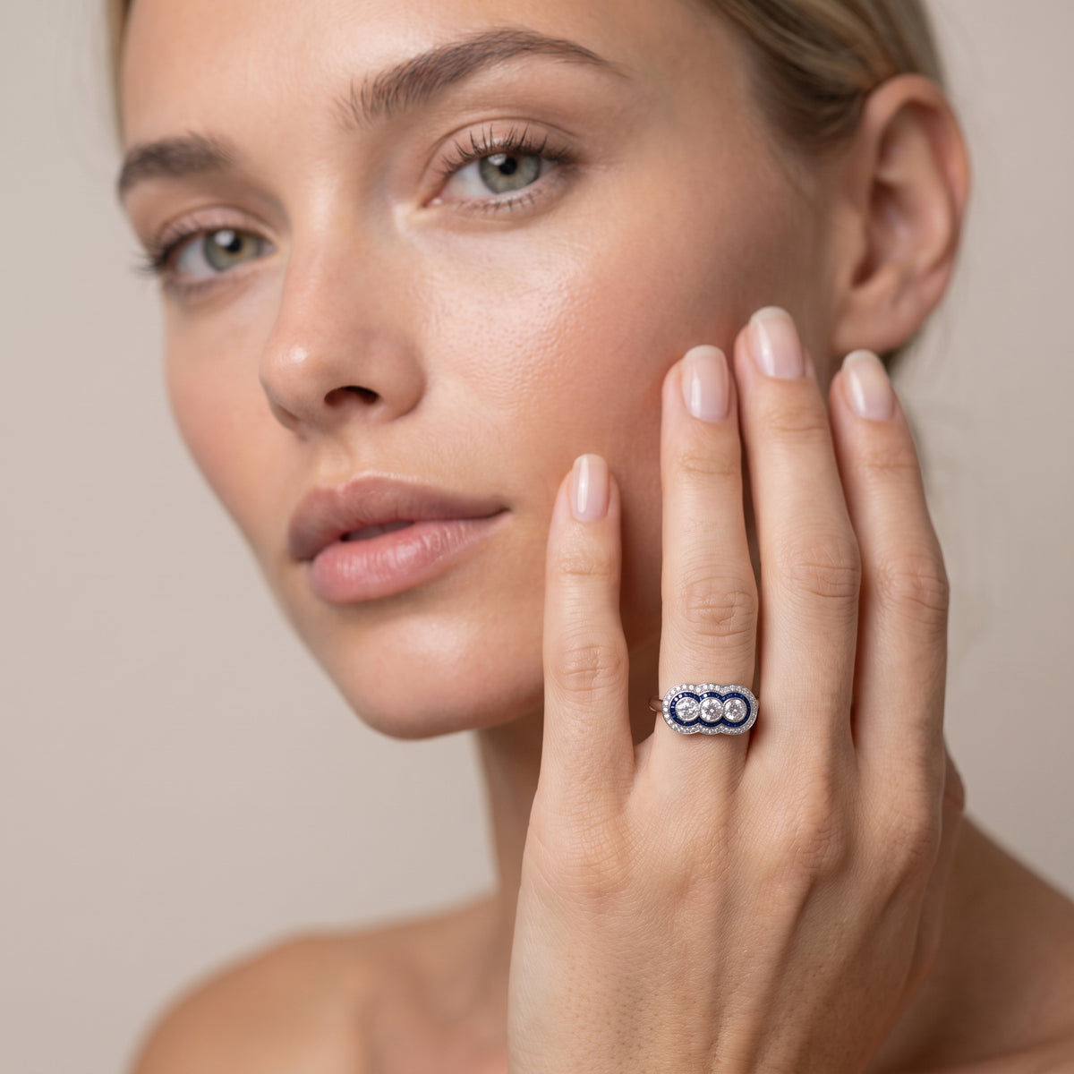 Sapphire & Diamond Three-Stone Deco Ring | 14kt White Gold