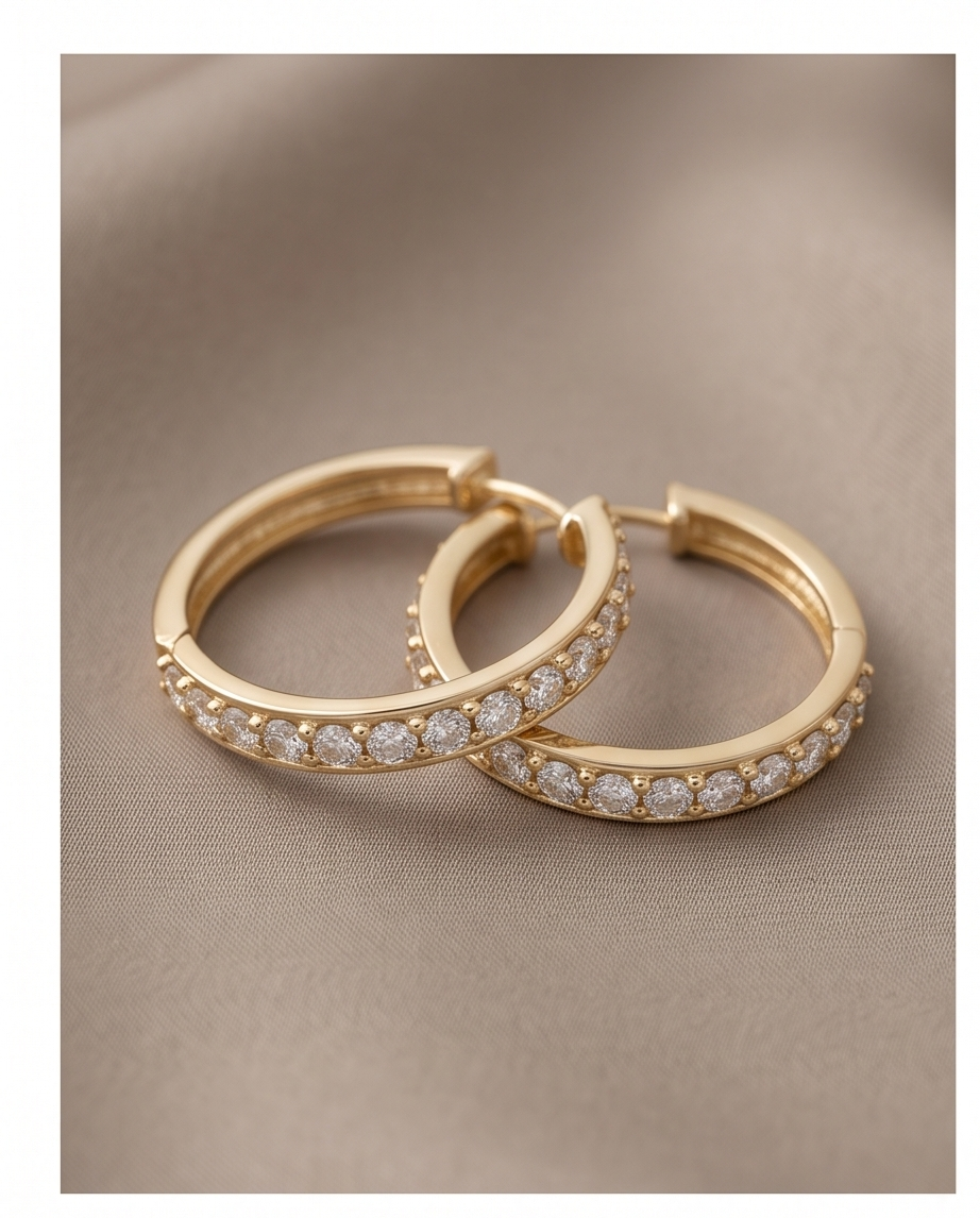 14K Yellow Gold Diamond Medium Hoop Earrings, 1.25 in