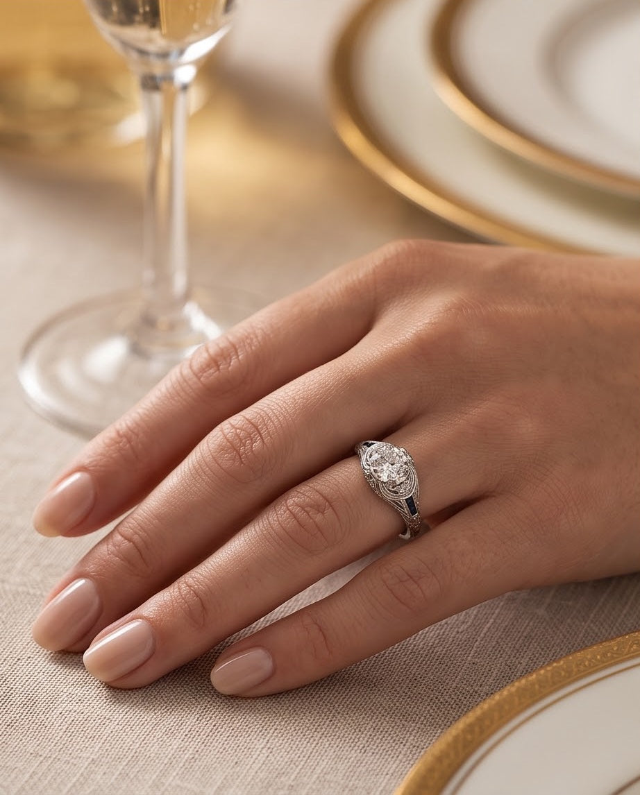 Art Deco style diamond and sapphire platinum engagement ring worn on a hand at a formal table setting