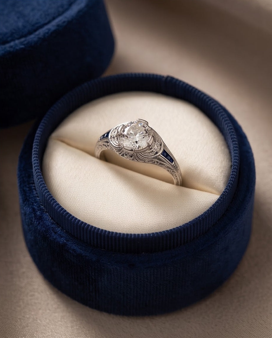 Platinum diamond and sapphire filigree engagement ring displayed in a navy blue velvet ring box