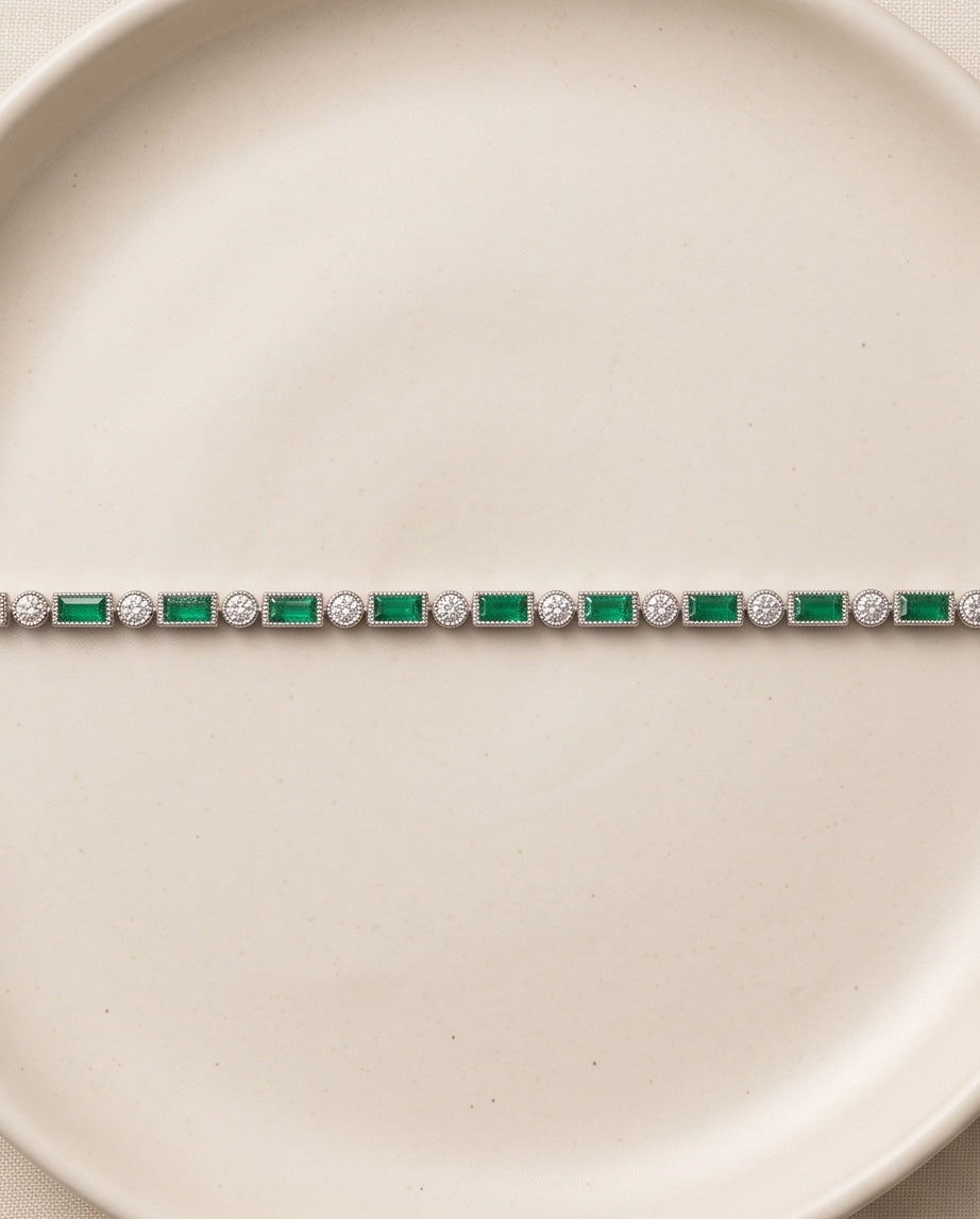 Full length view of the emerald and diamond line bracelet