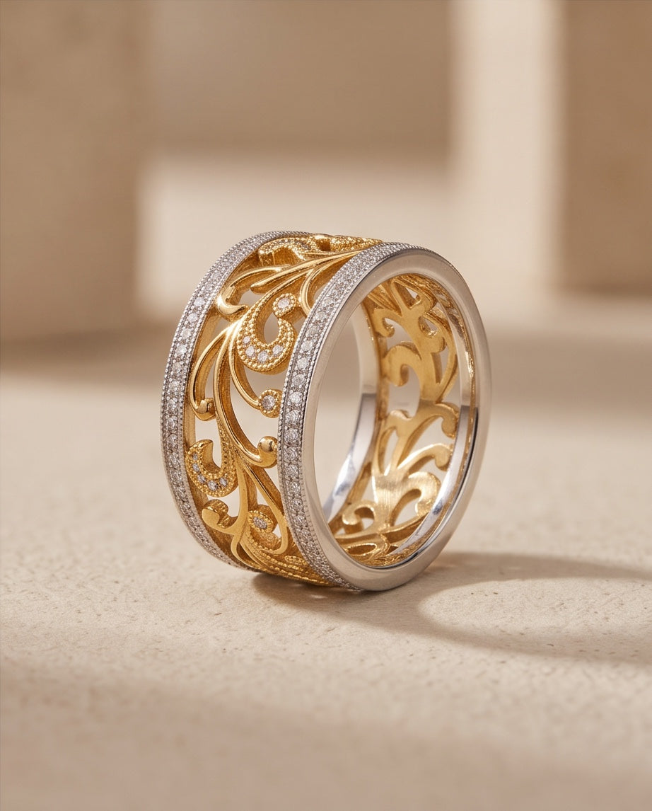 Angled view showing the pierced yellow gold gallery inside the band