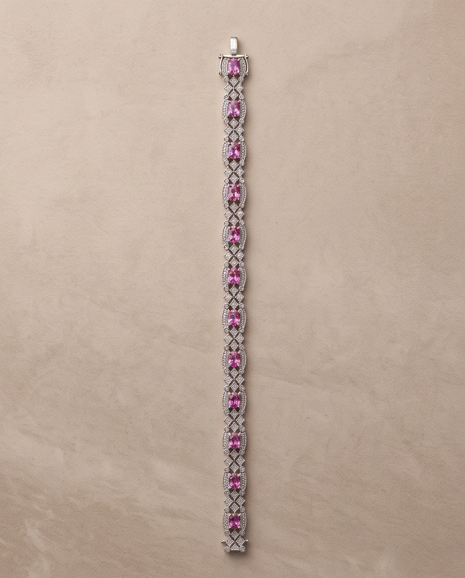 Pink sapphire and diamond deco link bracelet in 14K white gold, full length