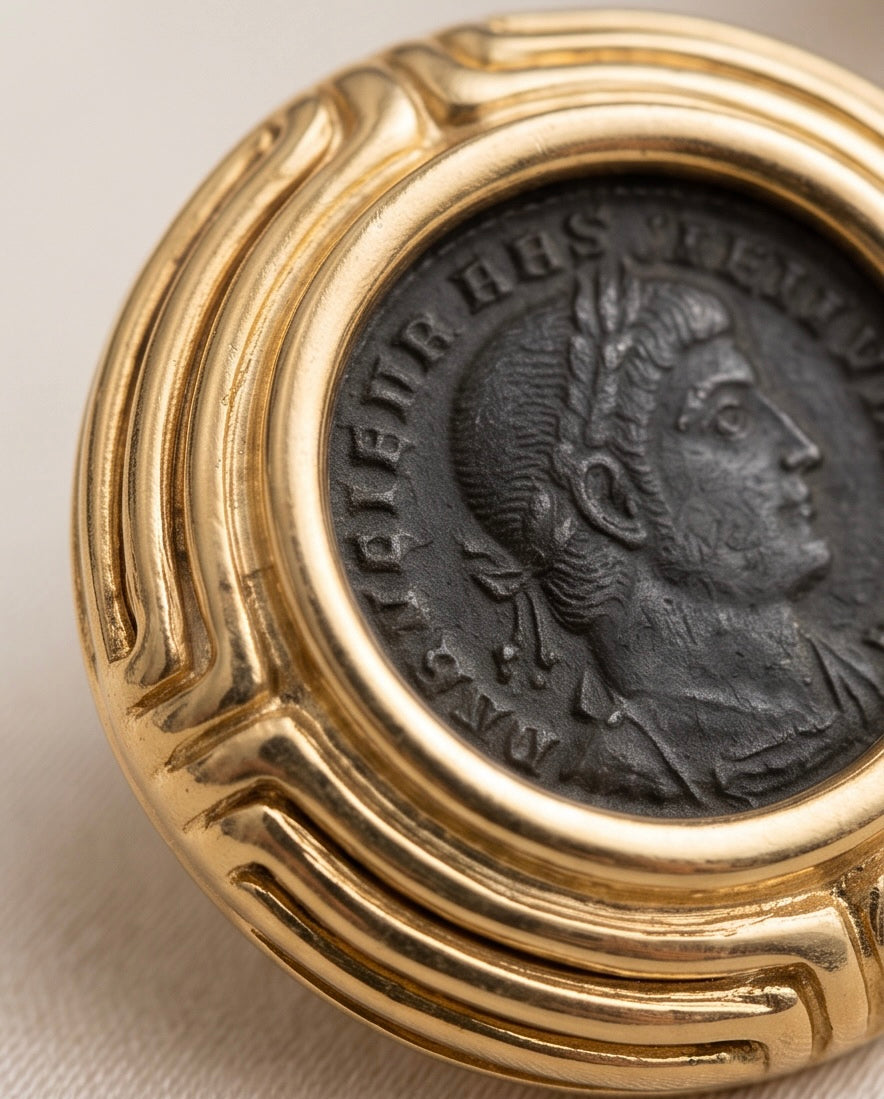 Macro detail of the laureate portrait of Constantine I on the bronze coin