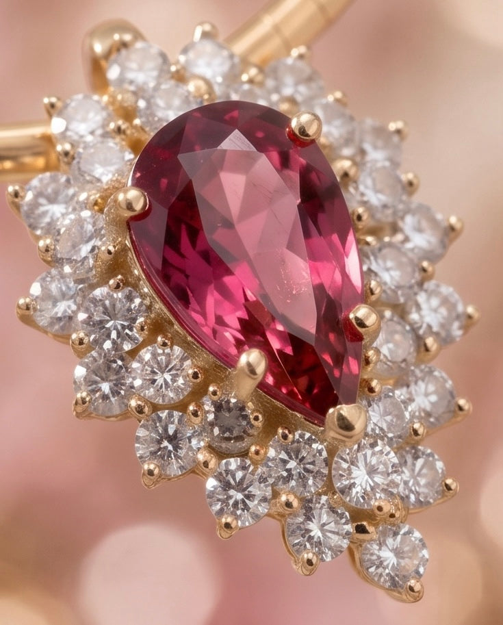 Close-up of pear-shaped pink tourmaline framed by round diamonds