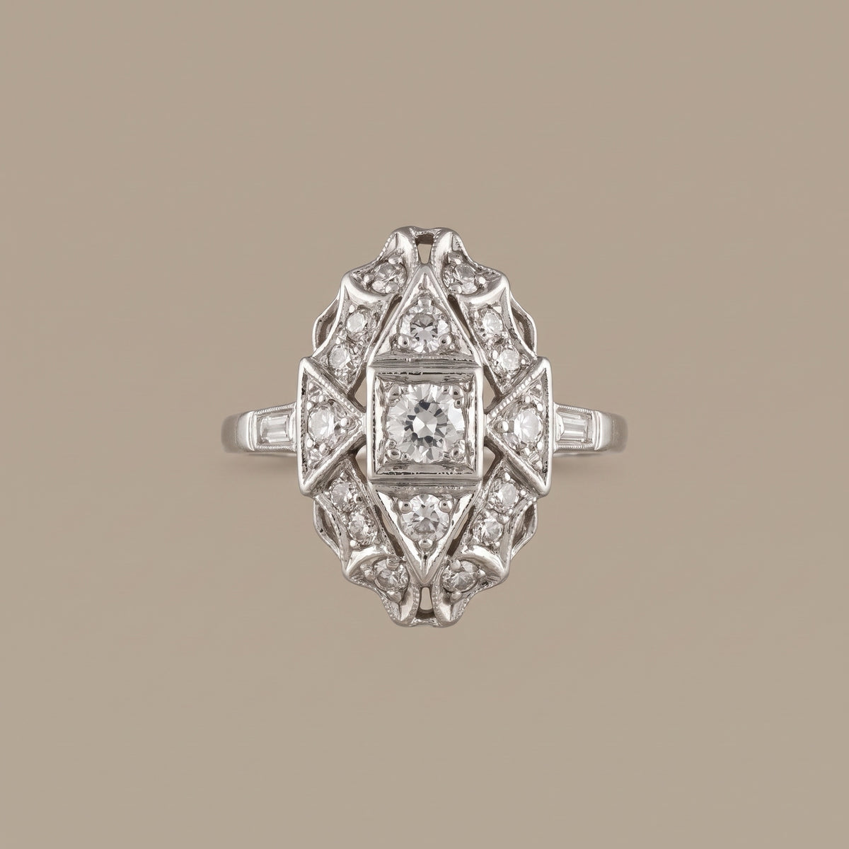 Art Deco style platinum diamond dinner ring, front view