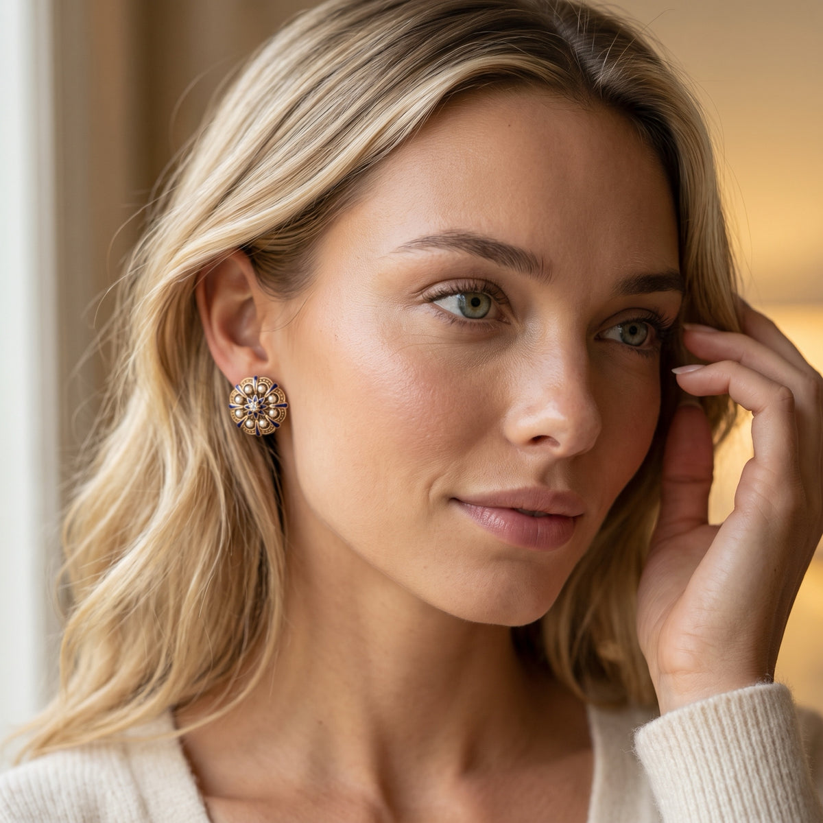 Model wearing 14kt gold blue enamel seed pearl diamond earrings