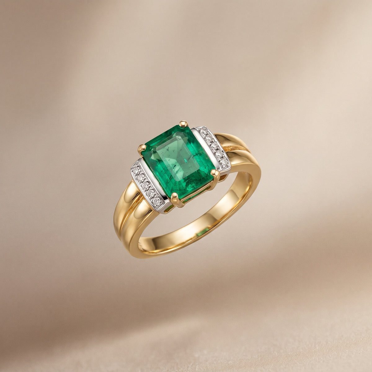 Emerald and diamond ring, angled view