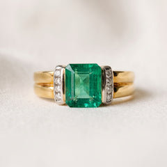 1.79 carat emerald-cut emerald and diamond ring in 18K gold and platinum, front view