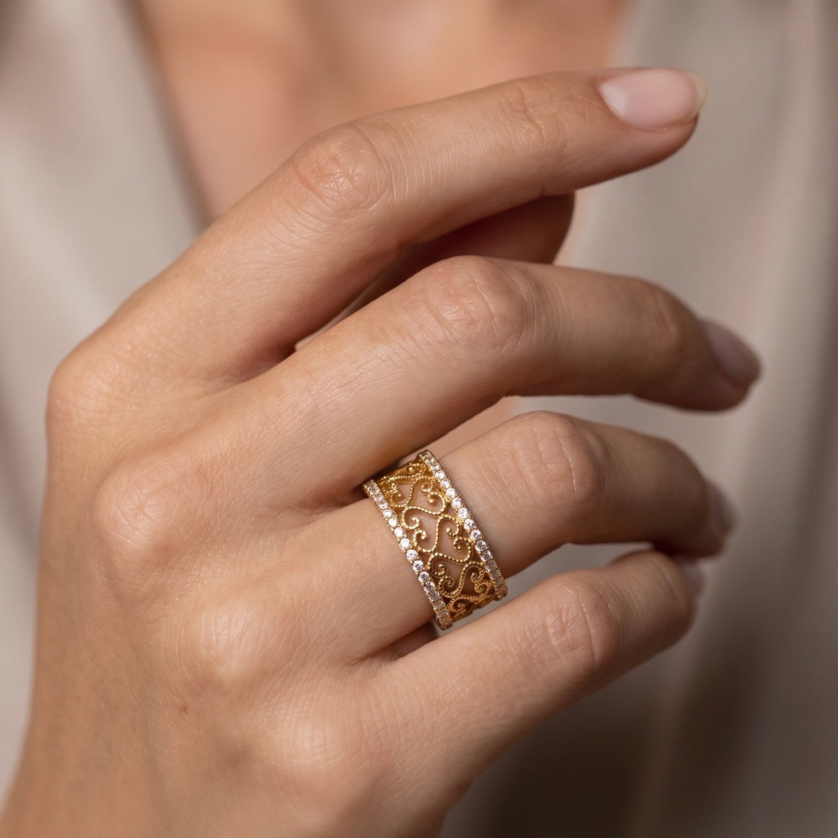 Aegean ornate filigree diamond band ring worn on hand