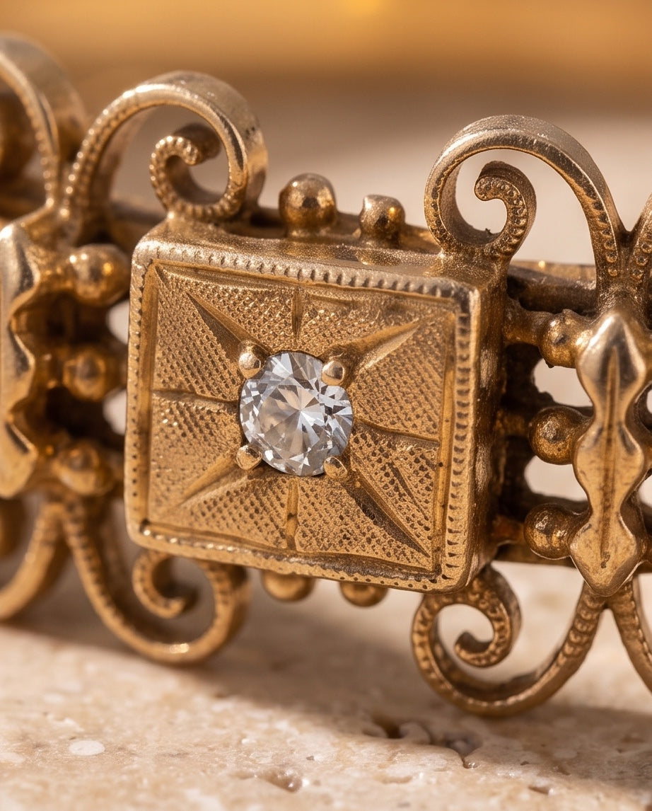 Macro detail of diamond medallion on antique gold bracelet