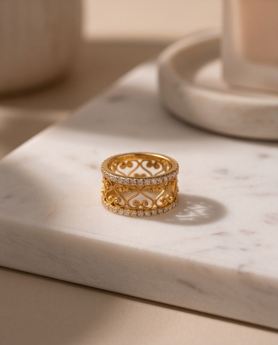 Aegean ornate filigree diamond band ring, 18kt yellow gold, studio shot