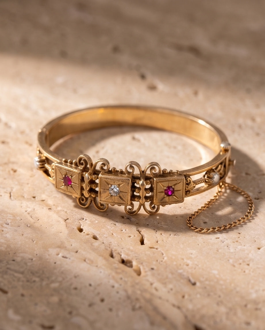 Antique 14kt gold ruby and diamond bangle bracelet, studio shot