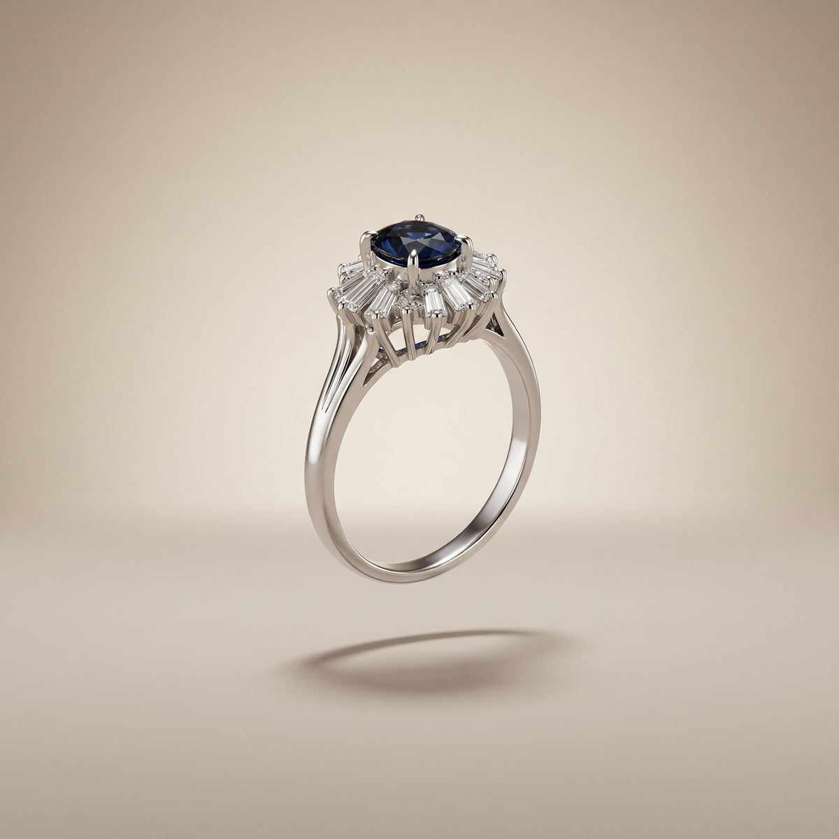 Platinum blue sapphire ballerina diamond ring, studio side view