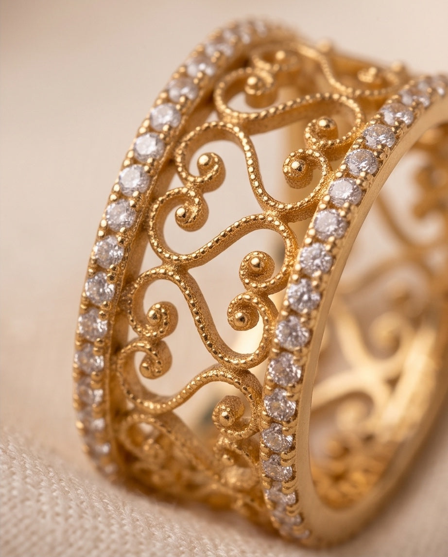 Macro detail of Aegean ornate filigree diamond band ring scrollwork