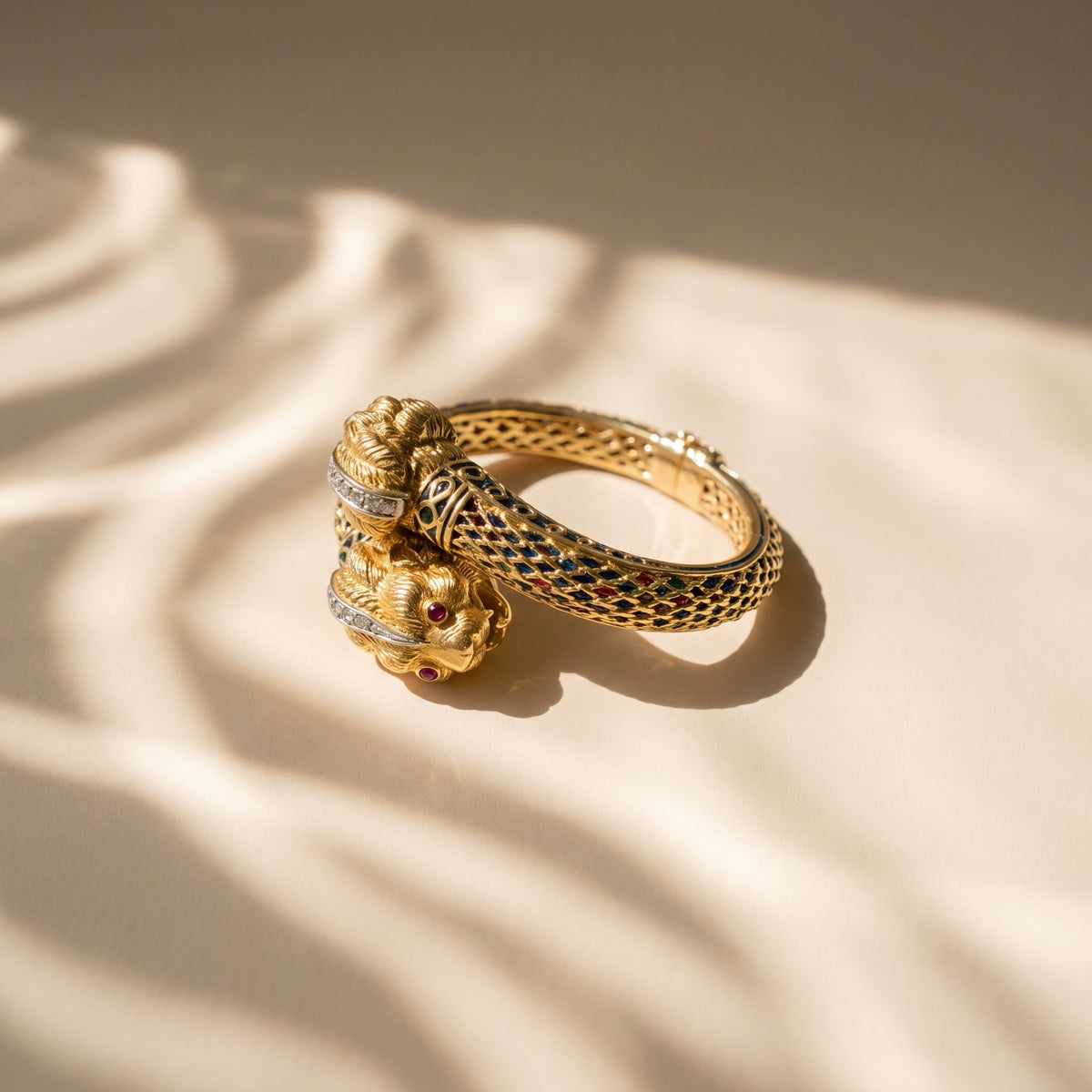 Close up of bracelet showing enamel lattice and hinge