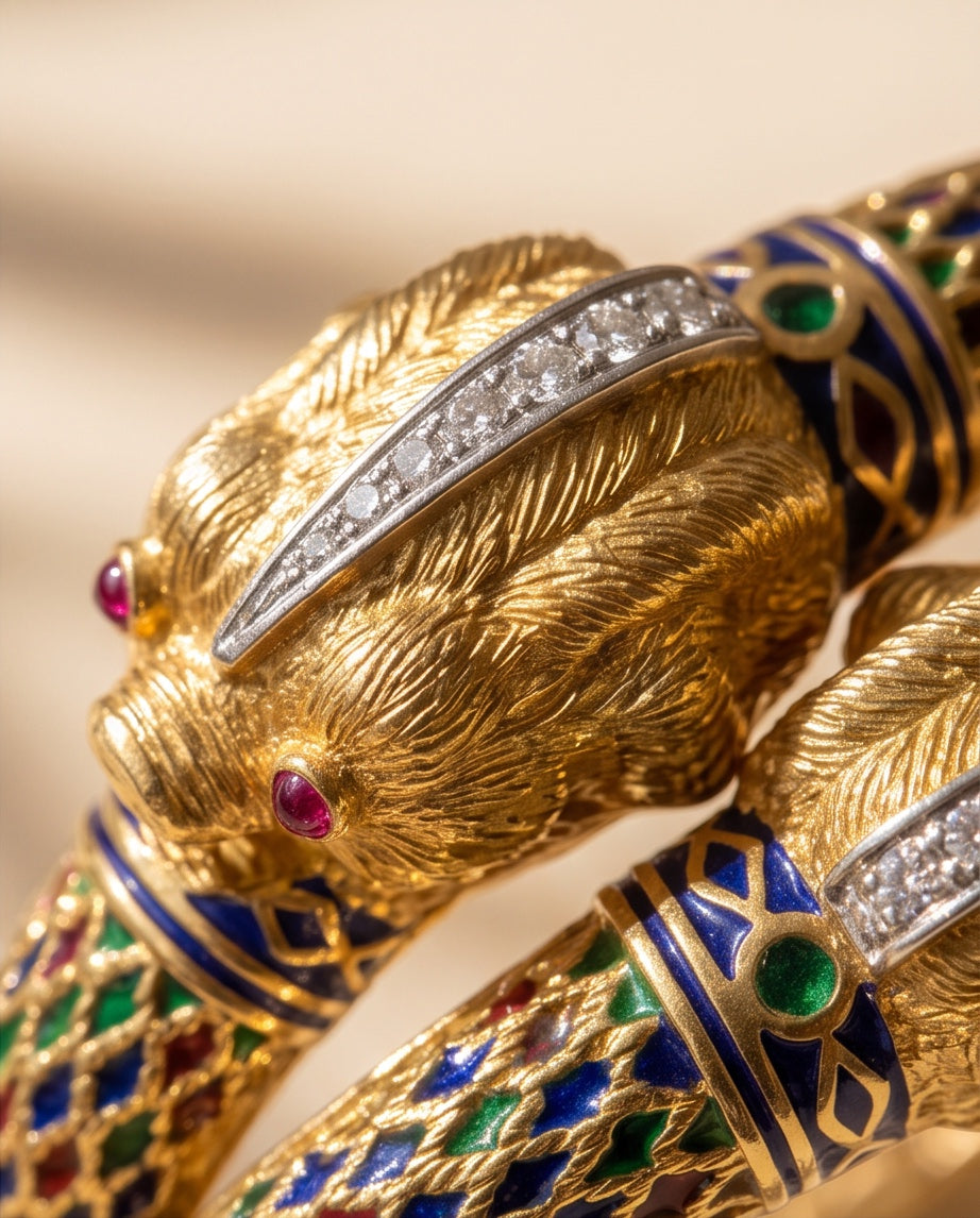 Macro detail of lion head with ruby eye and diamond accent