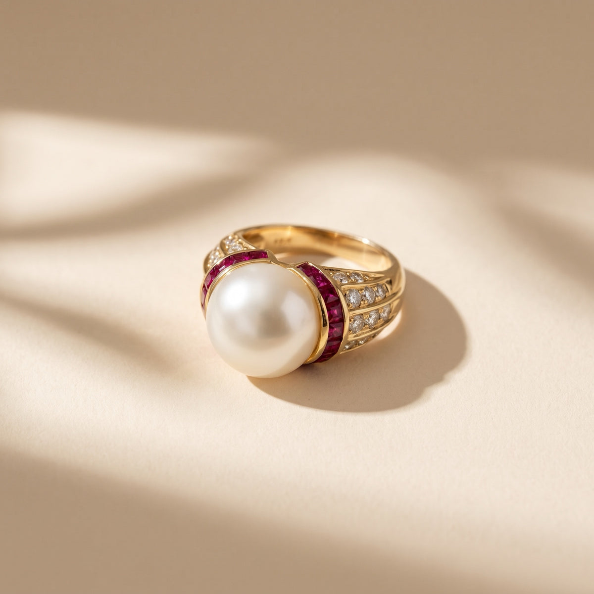 18K yellow gold dome ring with 15.58 mm South Sea pearl, channel-set square rubies and pave diamonds
