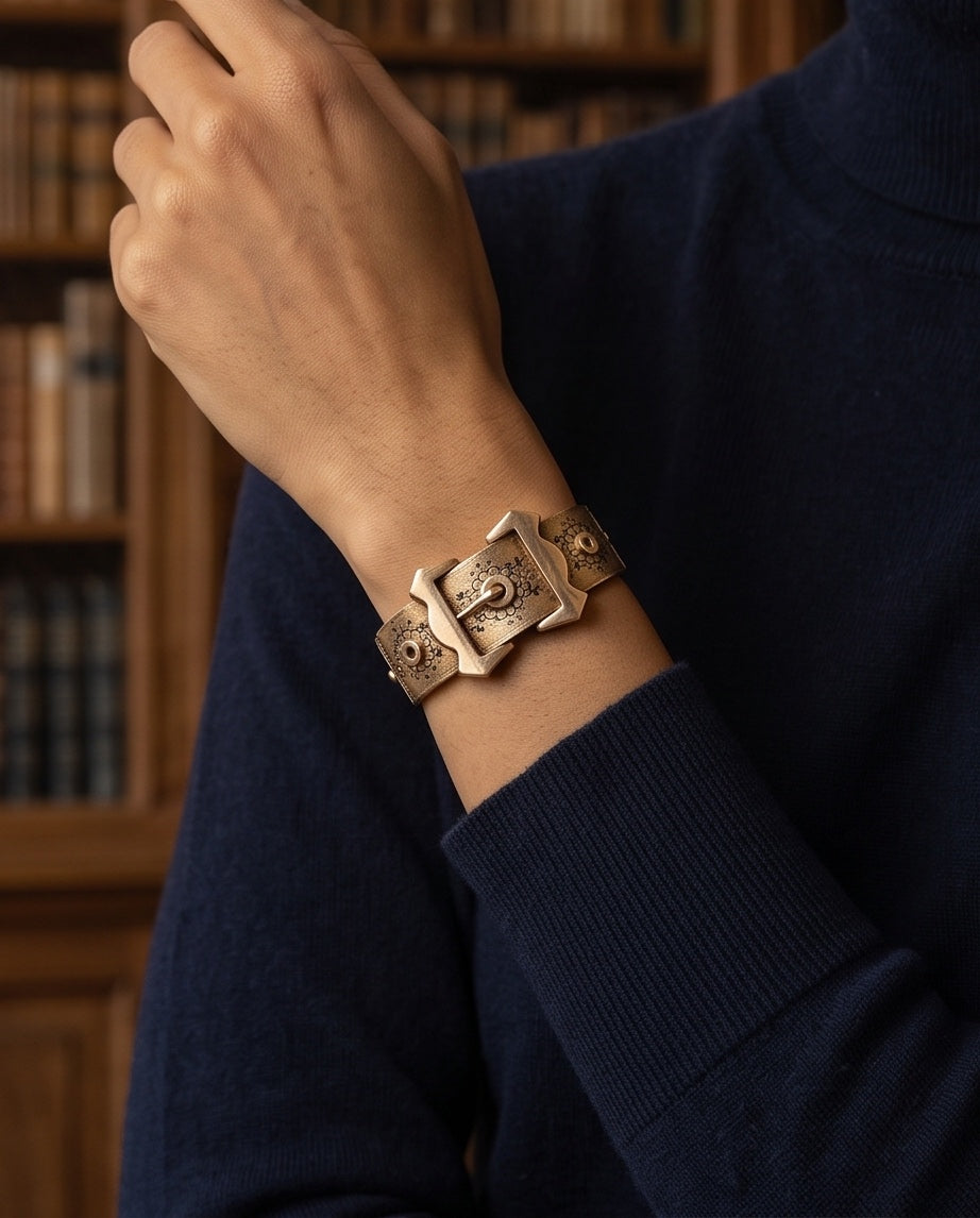 Close-up macro of rose gold buckle bangle engraving and prong detail
