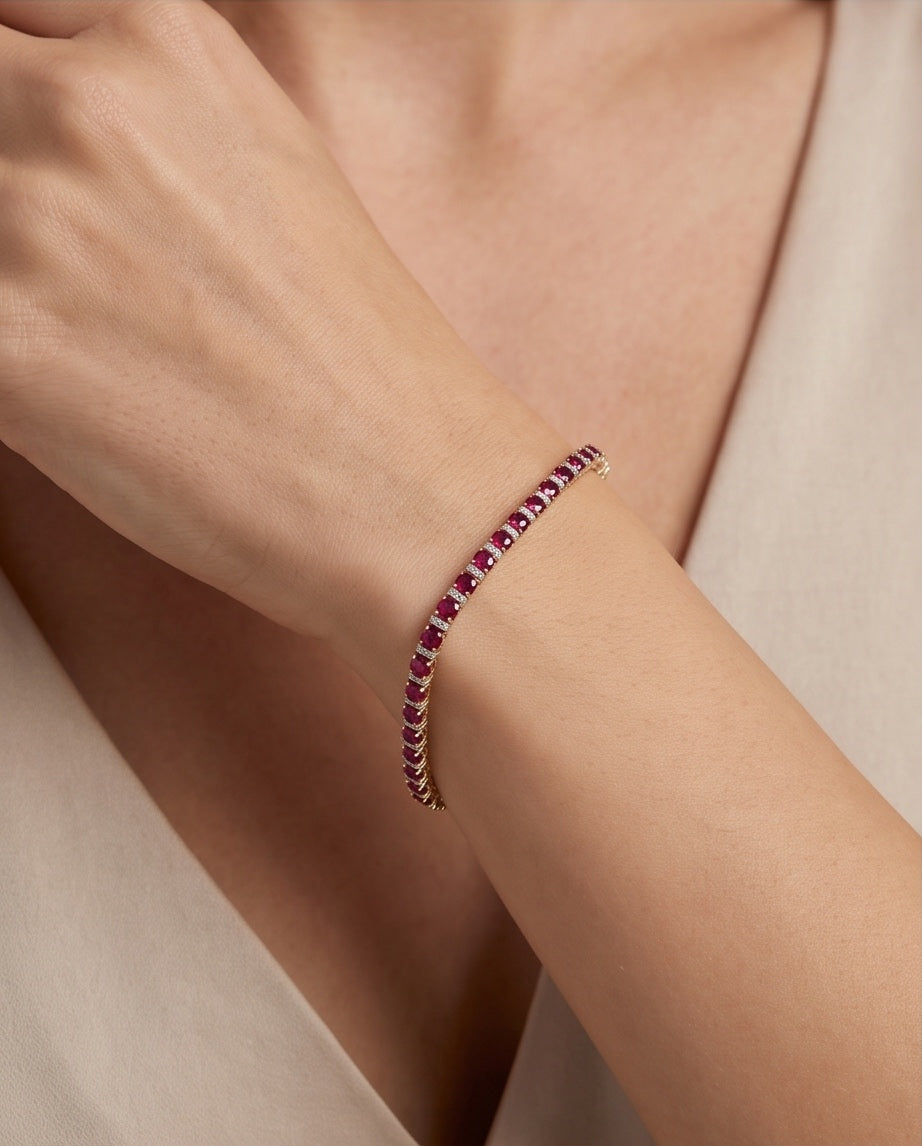 Ruby and diamond bracelet worn on the wrist