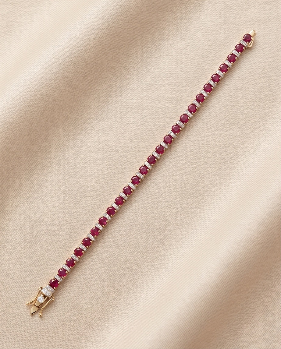 Full length view of the ruby and diamond line bracelet with clasp