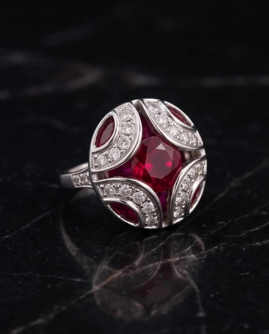 Ruby and diamond ring on black marble