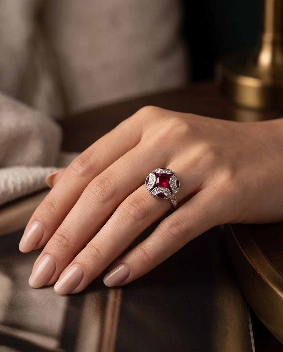 Ruby and diamond ring worn on hand