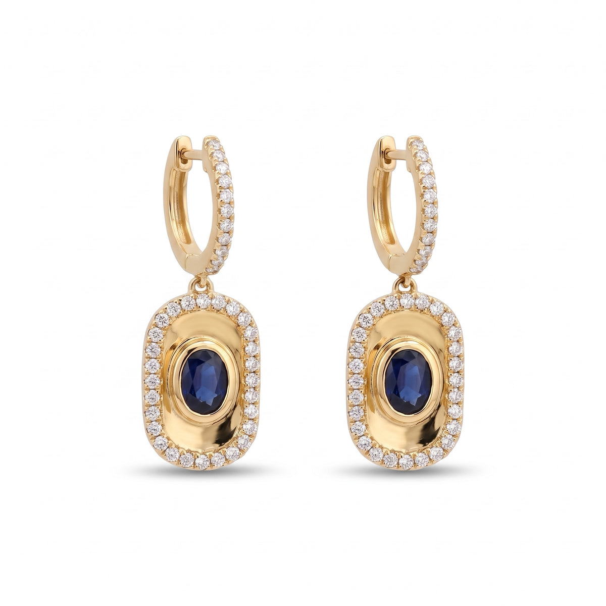 14K yellow gold oval sapphire and diamond halo drop earrings, front view