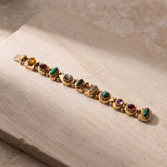 Antique 14K yellow gold multi-gem slide bracelet with citrine, garnet, malachite, agate, jadeite and amethyst cabochons