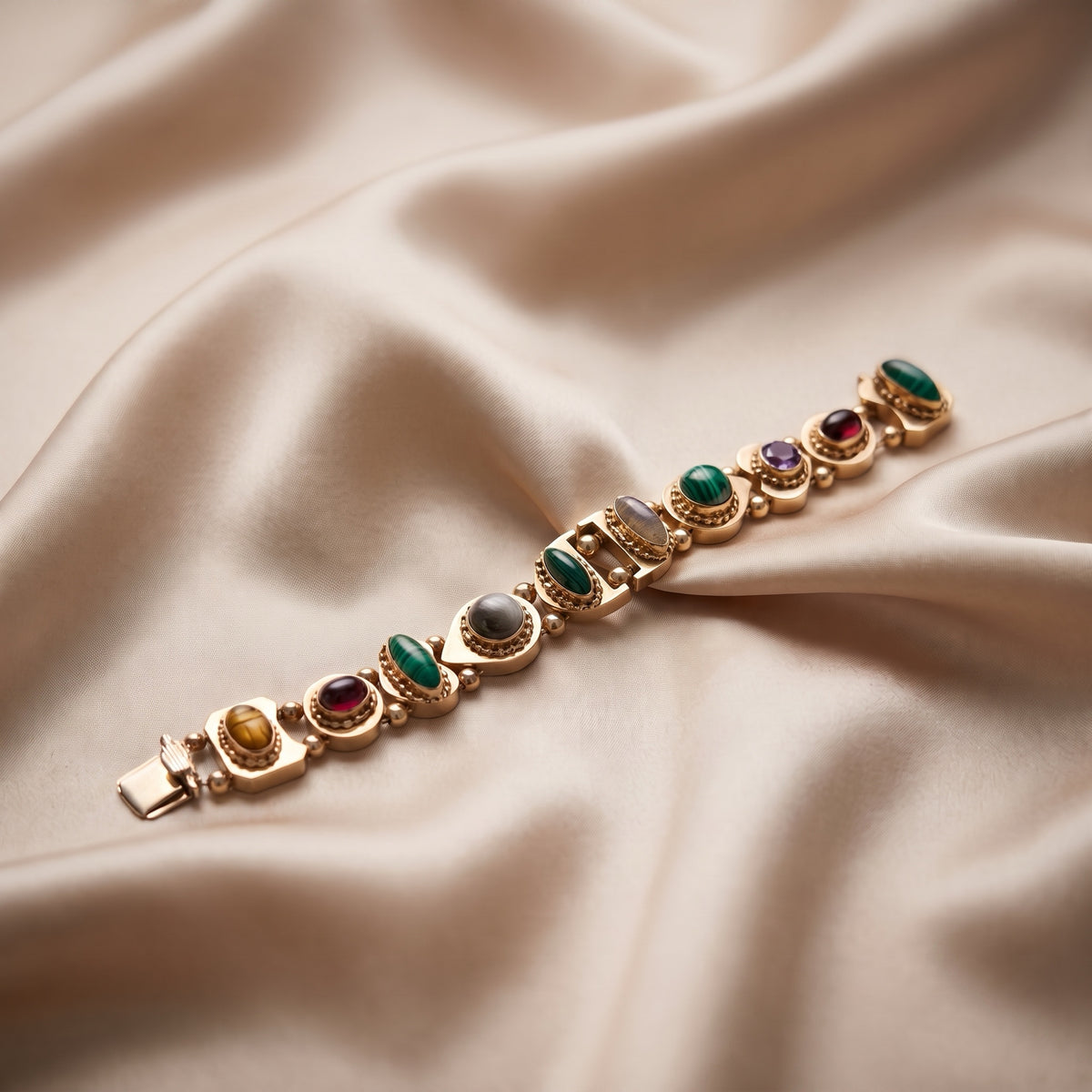 Victorian revival gold slide bracelet displayed on silk, showing varied gemstone slides